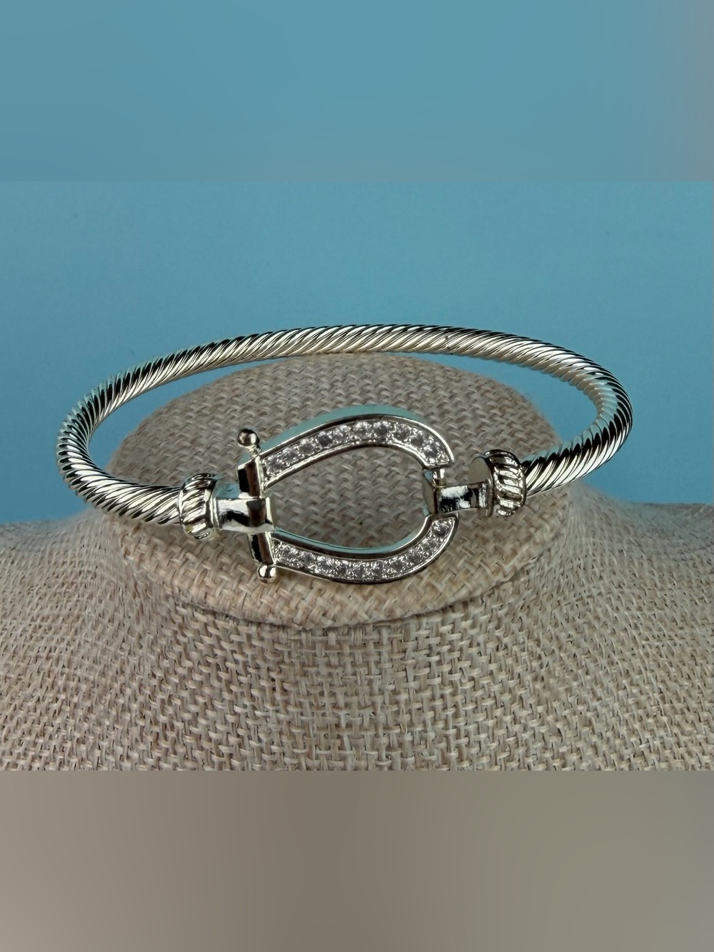 Silver Tone Cable Wire Horseshoe Hook Bangle Bracelet CZ Accents